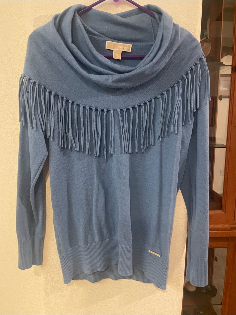MICHAEL Michael Kors Dusty Blue Fringe Cowl Sweater